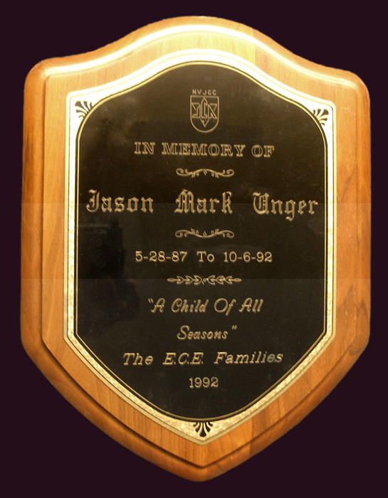 A plaque from Jason's preschool. When it closed down years later, I was given all his memorial items.