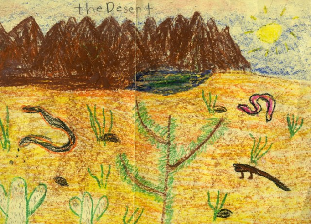 A crayon rendition I made as a young child of a beautiful desert.I reminded how I loved reptiles.
