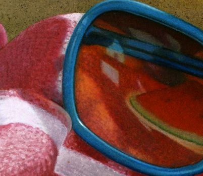 This is a close up to show the melon reflecting in the sunglasses. I am still cutting watermelon for my youngest son, who is 16. But the reference photo for this painting was taken in my children’s old sandbox and those days are over!