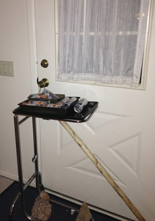 Believe it or not, this is a makeshift burglar alarm. It took me two days to figure it out!