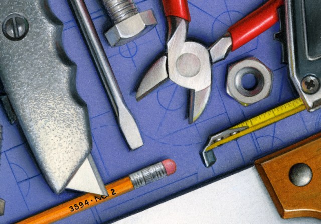 An example of the detail on one of my illustrations. This job was for a bank brochure that stated, "We have all the tools you need." I need tools to help me cope with my eye discomfort!
