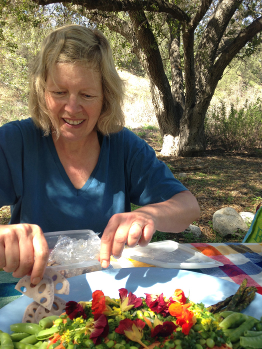 This past week, I went on a lovely hike and had a picnic with my good friend, Carol. Being with her lifted my spirits so much. In this picture, she is assembling a fantastic salad for our picnic lunch.