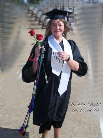 This picture is from a teary story on Relinda’s blog called “The Promise.” By graduating, she kept her promise that she made to her husband, Doyle shortly before he died. Notice the inscription on the right side of the photo.