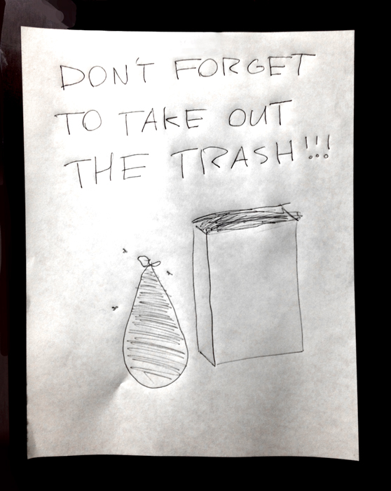I am constantly reminding my 17-year-old son to take out the trash (in addition to other chores.) Because he sometimes forgets, I asked him to make a note to remind himself (I’m so tired of being a nag). I love the picture he drew complete with flies!