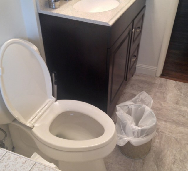 I recently remodeled my bathroom. In the picture above, you can see my new toilet and sink/vanity. But the wastebasket there has been replaced and my story about it will follow!