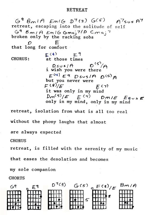 This is my song sheet from 1980 that helped me remember my song. I did not remember the melody for the verses and composed new chords for them 31 years later.